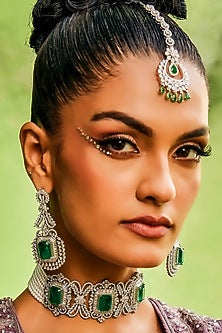 White Rhodium Finish Emerald Doublet & Swarovski Diamond Choker Necklace Set