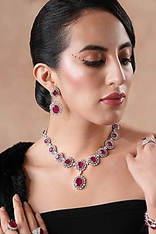 White Rhodium Finish Swarovski Diamond & Ruby Stone Necklace Set