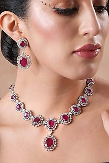 White Rhodium Finish Swarovski Diamond & Ruby Stone Necklace Set