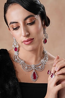 White Rhodium Finish Swarovski Diamond & Ruby Stone Necklace Set