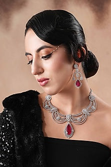 White Rhodium Finish Swarovski Diamond & Ruby Stone Necklace Set