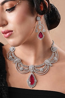 White Rhodium Finish Swarovski Diamond & Ruby Stone Necklace Set