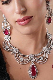 White Rhodium Finish Swarovski Diamond & Ruby Stone Necklace Set