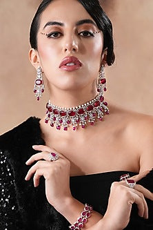 White Rhodium Finish Swarovski Diamond & Ruby Stone Choker Necklace Set