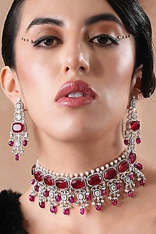 White Rhodium Finish Swarovski Diamond & Ruby Stone Choker Necklace Set