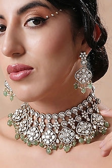 Black Rhodium Finish Moissanite Polki & Mint Beaded Choker Necklace Set