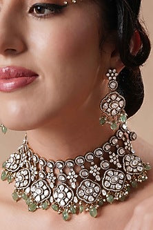Black Rhodium Finish Moissanite Polki & Mint Beaded Choker Necklace Set
