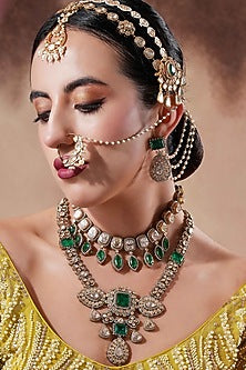 Black Rhodium Finish Moissanite Polki & Emerald Stone Long Necklace Set