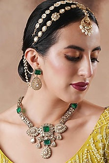 Black Rhodium Finish Moissanite Polki & Emerald Stone Long Necklace Set