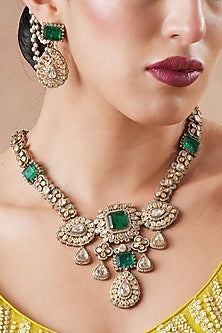 Black Rhodium Finish Moissanite Polki & Emerald Stone Long Necklace Set