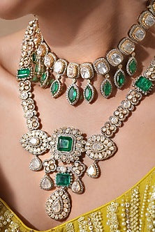 Black Rhodium Finish Moissanite Polki & Emerald Stone Long Necklace Set