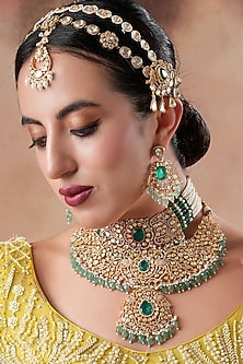 Gold Finish Moissanite Polki & Mint Beaded Necklace Set