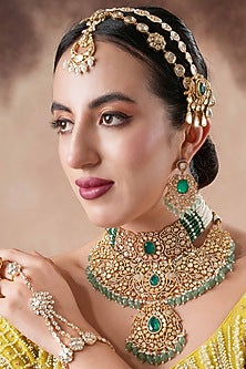 Gold Finish Moissanite Polki & Mint Beaded Necklace Set