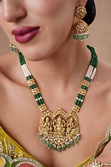 Gold Finish Moissanite Polki & Emerald Beaded Long Pendant Necklace Set