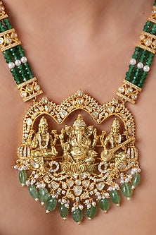 Gold Finish Moissanite Polki & Emerald Beaded Long Pendant Necklace Set