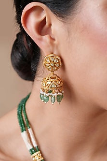 Gold Finish Moissanite Polki & Emerald Beaded Long Pendant Necklace Set
