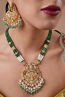 Gold Finish Moissanite Polki & Emerald Beaded Long Pendant Necklace Set