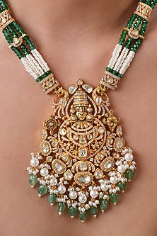 Gold Finish Moissanite Polki & Emerald Beaded Long Pendant Necklace Set
