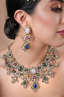 Black Rhodium Finish Navratna Stone Necklace Set