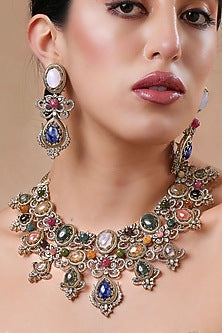 Black Rhodium Finish Navratna Stone Necklace Set