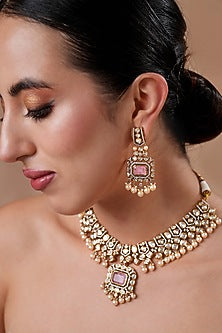Gold Finish Pink Kundan Polki Pendant Necklace Set