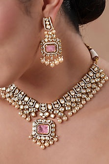 Gold Finish Pink Kundan Polki Pendant Necklace Set