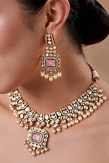 Gold Finish Pink Kundan Polki Pendant Necklace Set