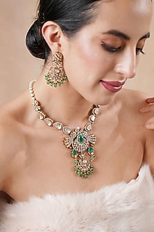 Black Rhodium Finish Kundan Polki & Emerald Stone Long Necklace Set