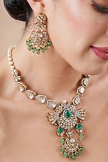 Black Rhodium Finish Kundan Polki & Emerald Stone Long Necklace Set