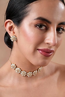 Gold Finish Kundan Polki Floral Choker Necklace Set