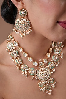 Gold Finish Kundan Polki & Mint Stone Firozi Meenakari Choker Necklace Set