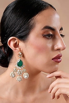 Gold Finish Moissanite Polki & Emerald Stone Dangler Earrings