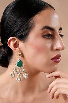 Gold Finish Moissanite Polki & Emerald Stone Dangler Earrings