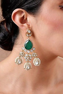 Gold Finish Moissanite Polki & Emerald Stone Dangler Earrings