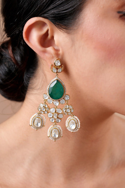 Gold Finish Moissanite Polki & Emerald Stone Dangler Earrings