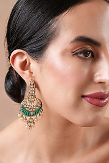 Gold Finish Kundan Polki & Emerald Stone Chandbali Earrings