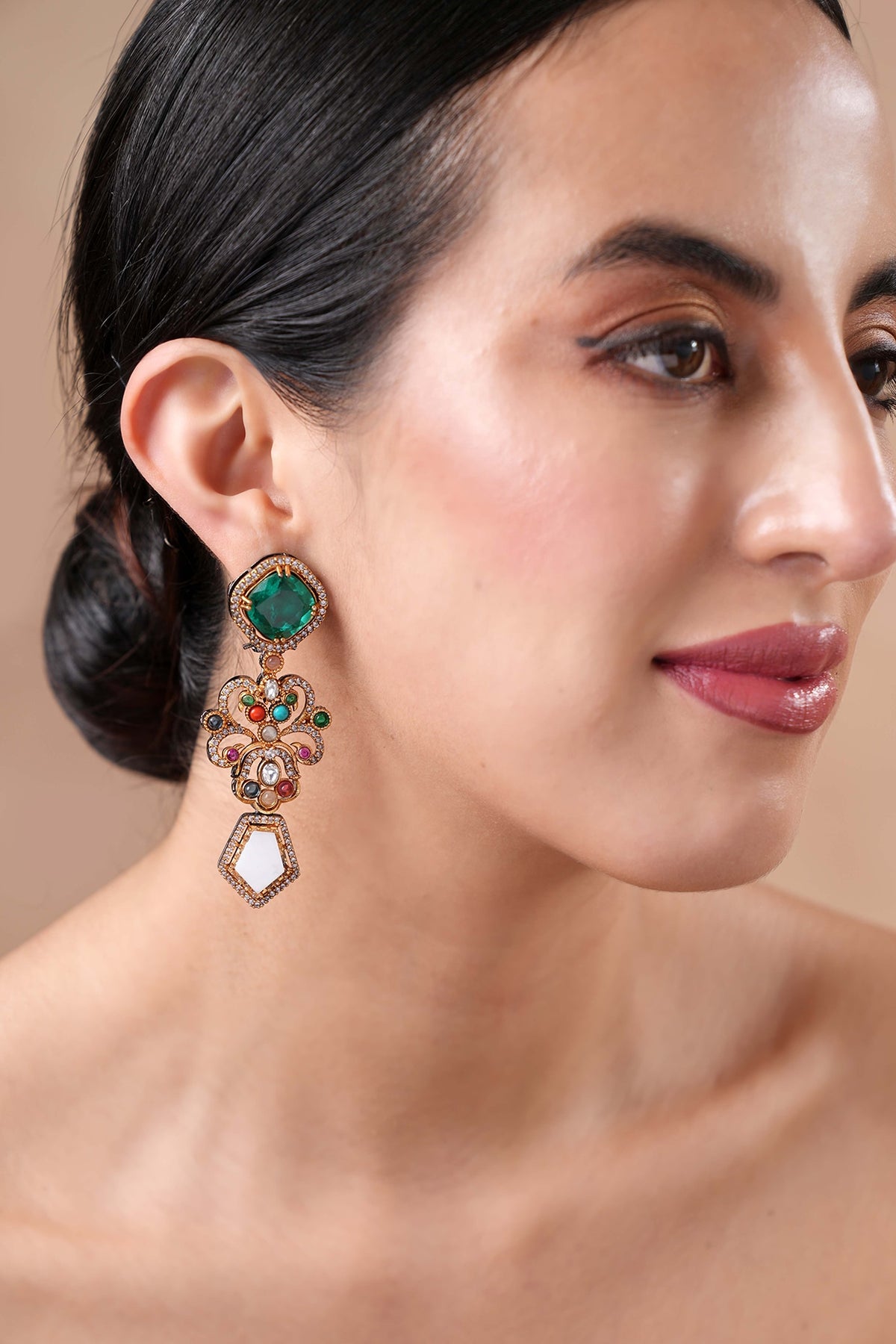 Black Rhodium Finish Navratna Stone Dangler Earrings