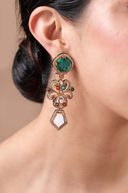 Black Rhodium Finish Navratna Stone Dangler Earrings