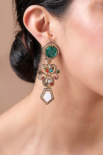 Black Rhodium Finish Navratna Stone Dangler Earrings