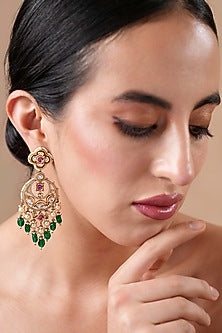 Gold Finish Ruby Stone & Emerald Beaded Chandbali Earrings