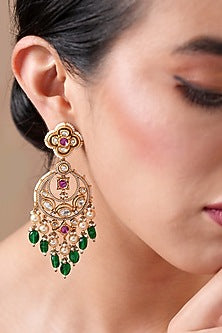 Gold Finish Ruby Stone & Emerald Beaded Chandbali Earrings