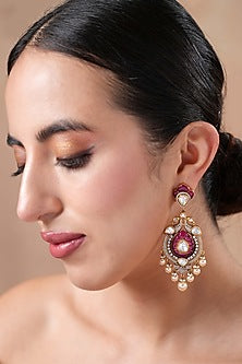 Gold Finish Kundan Polki & Ruby Stone Dangler Earrings