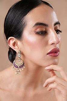 Gold Finish Kundan Polki & Purple Stone Chandbali Earrings