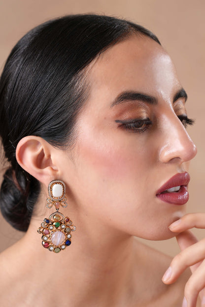 Black Rhodium Finish Navratna Stone Dangler Earrings