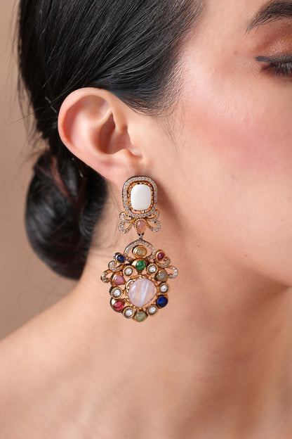 Black Rhodium Finish Navratna Stone Dangler Earrings