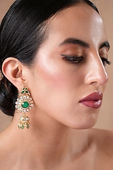 Gold Finish Mint Moissanite Polki & Emerald Stone Floral Dangler Earrings