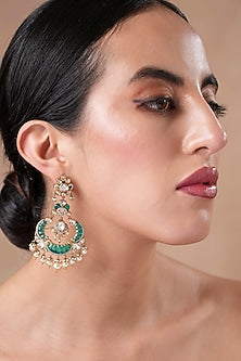Gold Finish Kundan Polki & Emerald Stone Dangler Earrings