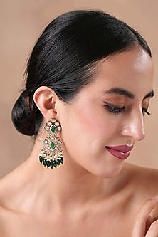 Black Rhodium Finish Kundan Polki & Emerald Stone Dangler Earrings