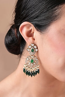 Black Rhodium Finish Kundan Polki & Emerald Stone Dangler Earrings
