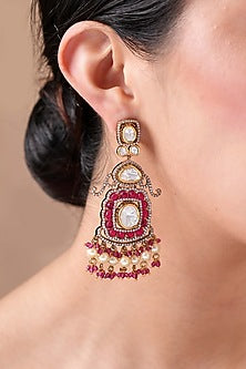 Gold Finish Kundan Polki & Ruby Stone Dangler Earrings